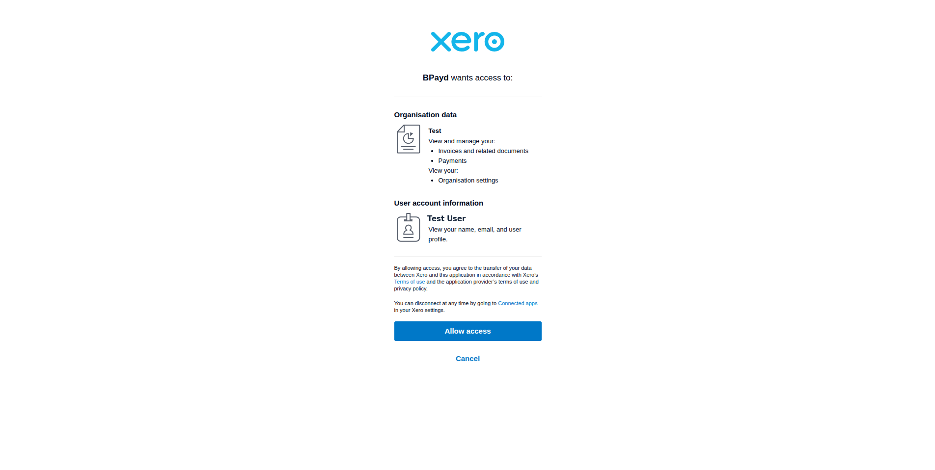 Xero authorisation screen
