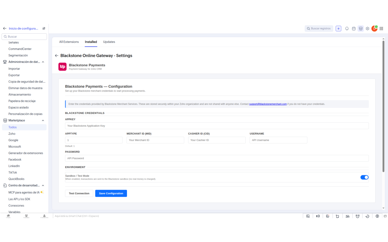 Blackstone Payments configuration screen in Zoho CRM