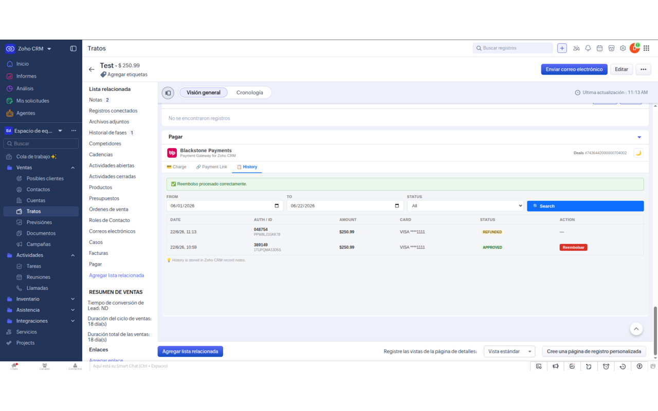 History tab showing an approved and a refunded transaction